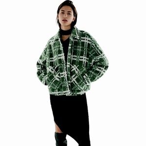 Zara “Bloggers Fave” Green Combination Plaid Shearling Fleece Jacket XS